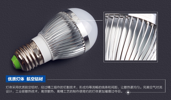 E27螺口LED球泡灯，航空铝材灯体，高效散热性能