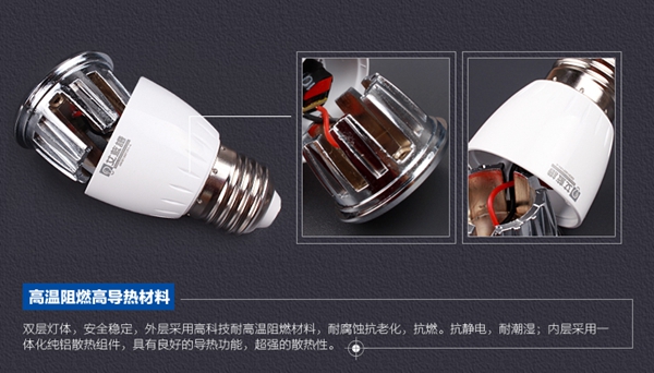 LED节能灯，双层灯体，高温阻燃和高导热材料