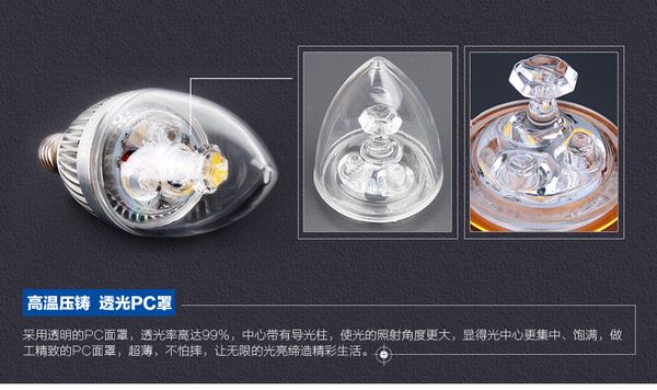 艾蓝谱LED蜡烛灯泡进口PC透光面罩，透光率高达99%以上，