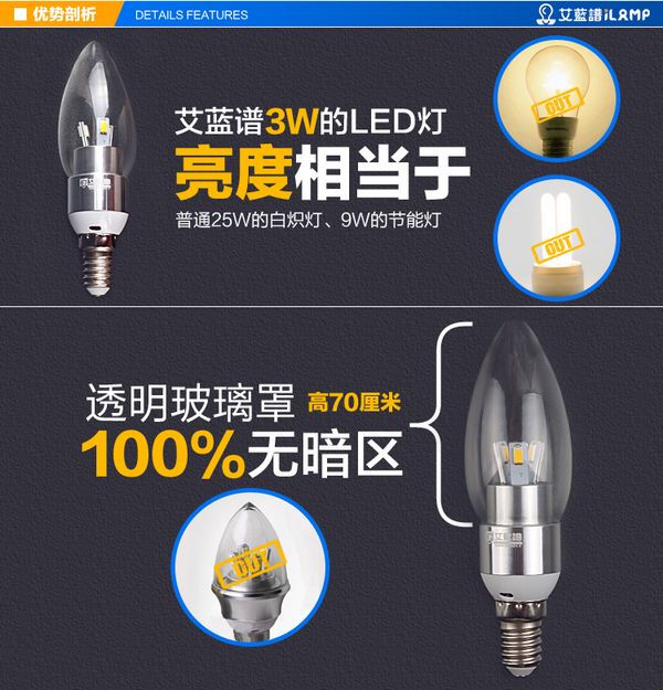 艾蓝谱LED节能灯－E14小螺口3W蜡烛灯，亮度相当于普通25W白炽灯